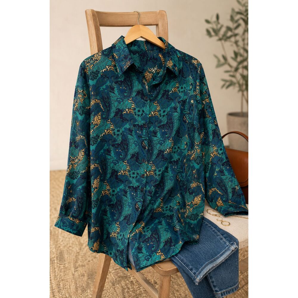 Teal Paisley Animal Print Button Down Blouse Women's 4XL Oversized